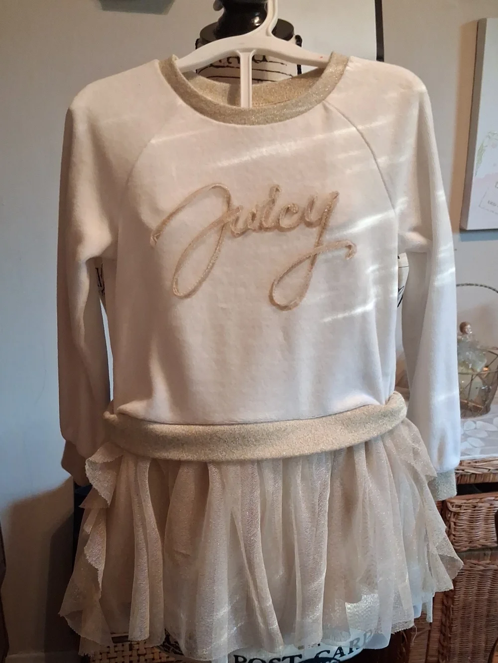 Juicy Couture White & Gold Girls Sweatshirt Dress/Top with Tulle Skirt Size 4